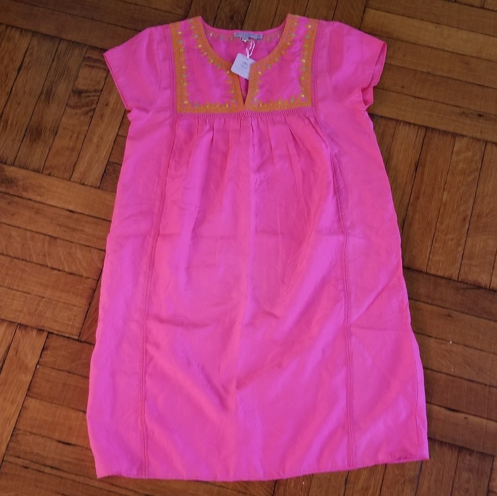 Calypso St. Barth neon pink silk dress embroidery